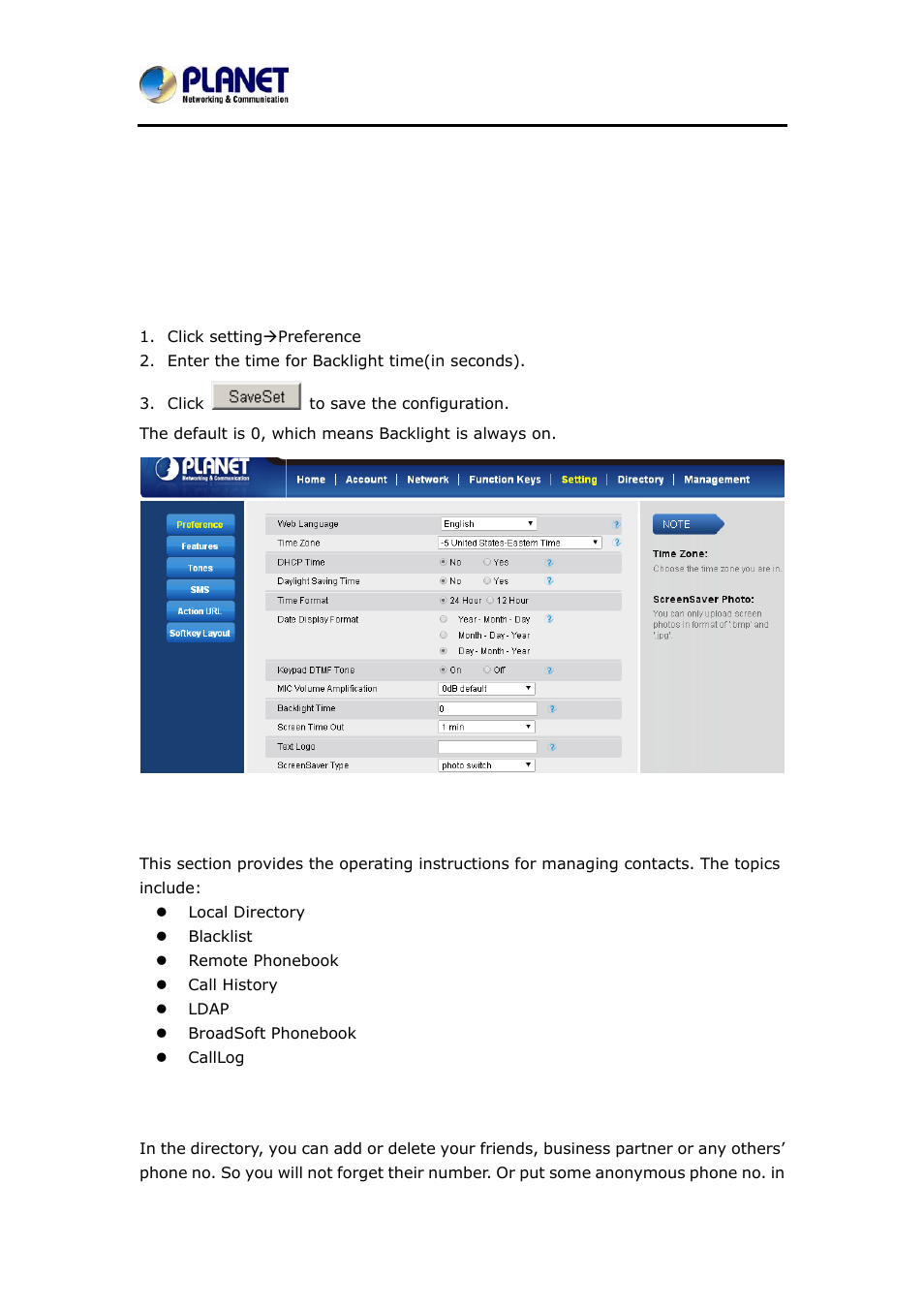 5 led status setting, 1 backlight, 2 contact management | 3 directory, Led status setting, Acklight, Ontact, Anagement, Irectory | PLANET VIP-6040PT User Manual | Page 59 / 126