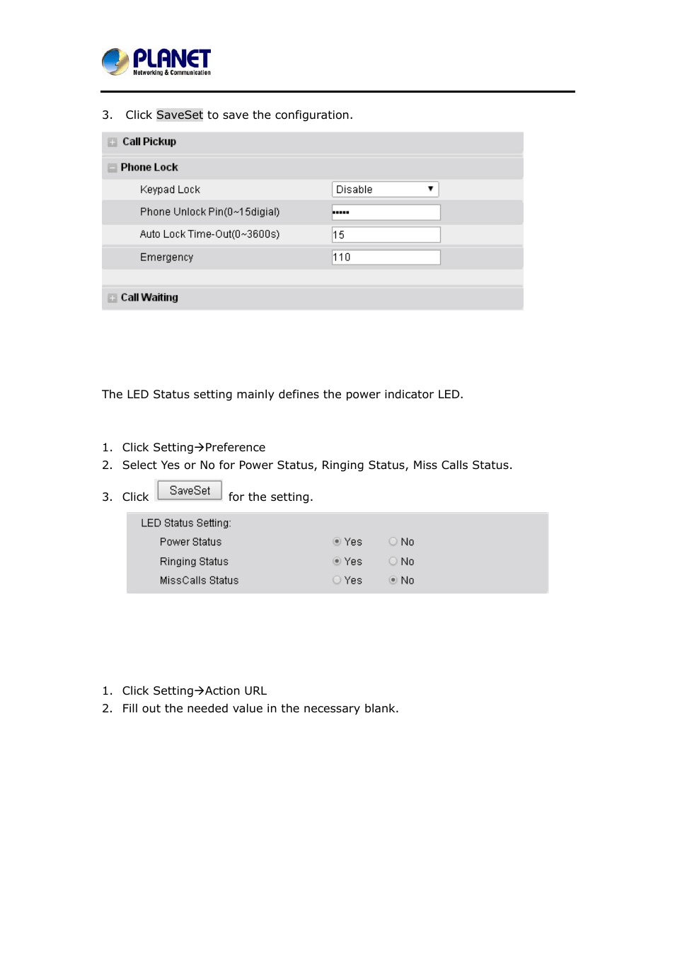 3 led status setting, 4 action url, Tatus | Etting, Ction | PLANET VIP-6040PT User Manual | Page 73 / 126
