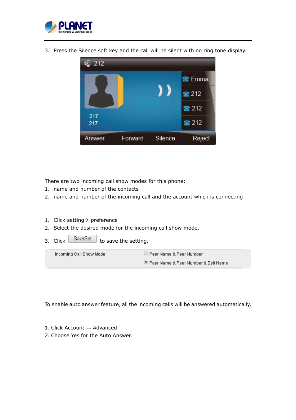 5 incoming call show mode, 6 auto answer, Ncoming | Nswer | PLANET VIP-6040PT User Manual | Page 79 / 126