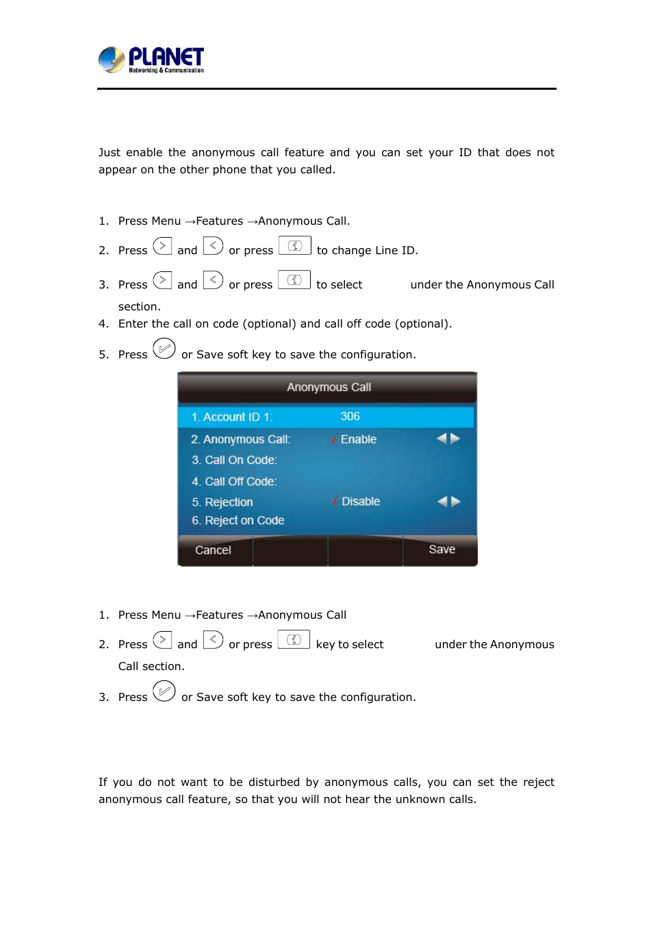 12 hide caller id, 13 reject anonymous, Aller | Eject, Nonymous | PLANET VIP-6040PT User Manual | Page 88 / 126
