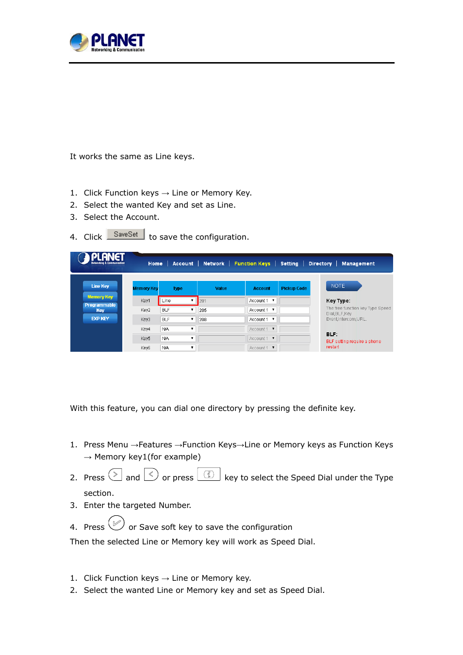 8 function key features settings, 1 line, 2 speed dial | Function key features settings, Peed | PLANET VIP-6040PT User Manual | Page 96 / 126