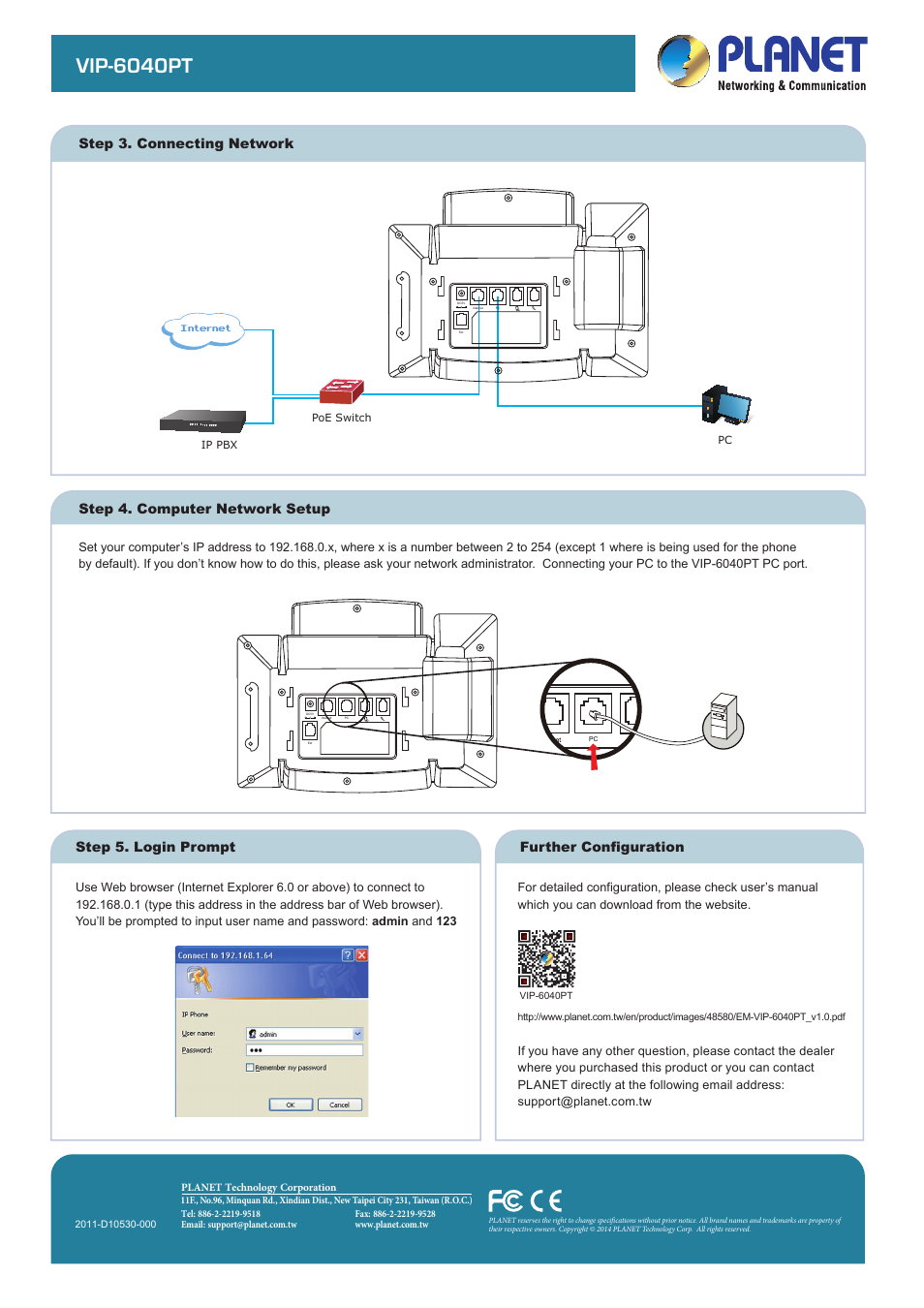 Gigabit color lcd hd poe ip phone, Quick installation guide, Vip-6040pt | Step 4. computer network setup, Step 5. login prompt, Further configuration step 3. connecting network, Verify the contents inside the package box, Internet | PLANET VIP-6040PT User Manual | Page 2 / 2