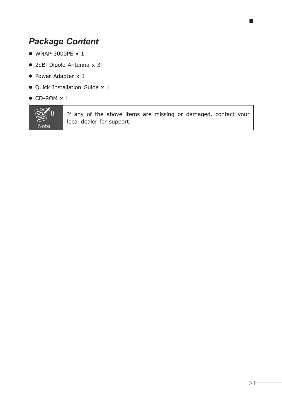 Package content | PLANET WNAP-3000PE User Manual | Page 3 / 8