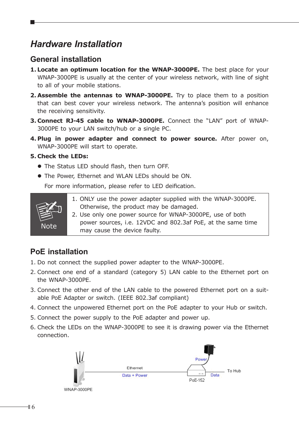 Hardware installation, General installation, Poe installation | PLANET WNAP-3000PE User Manual | Page 6 / 8