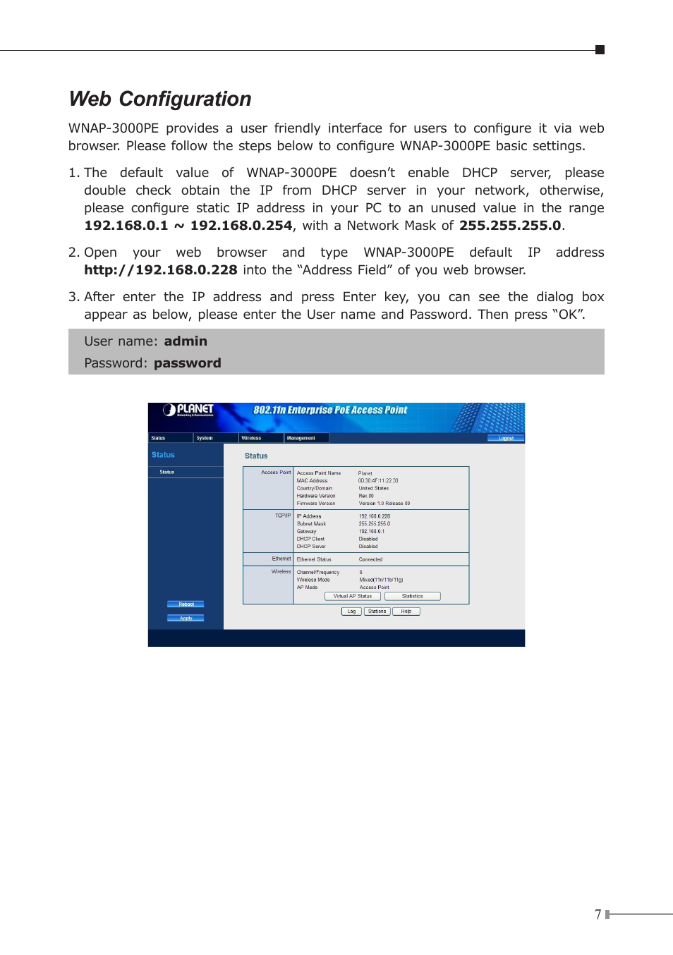 Web configuration | PLANET WNAP-3000PE User Manual | Page 7 / 8