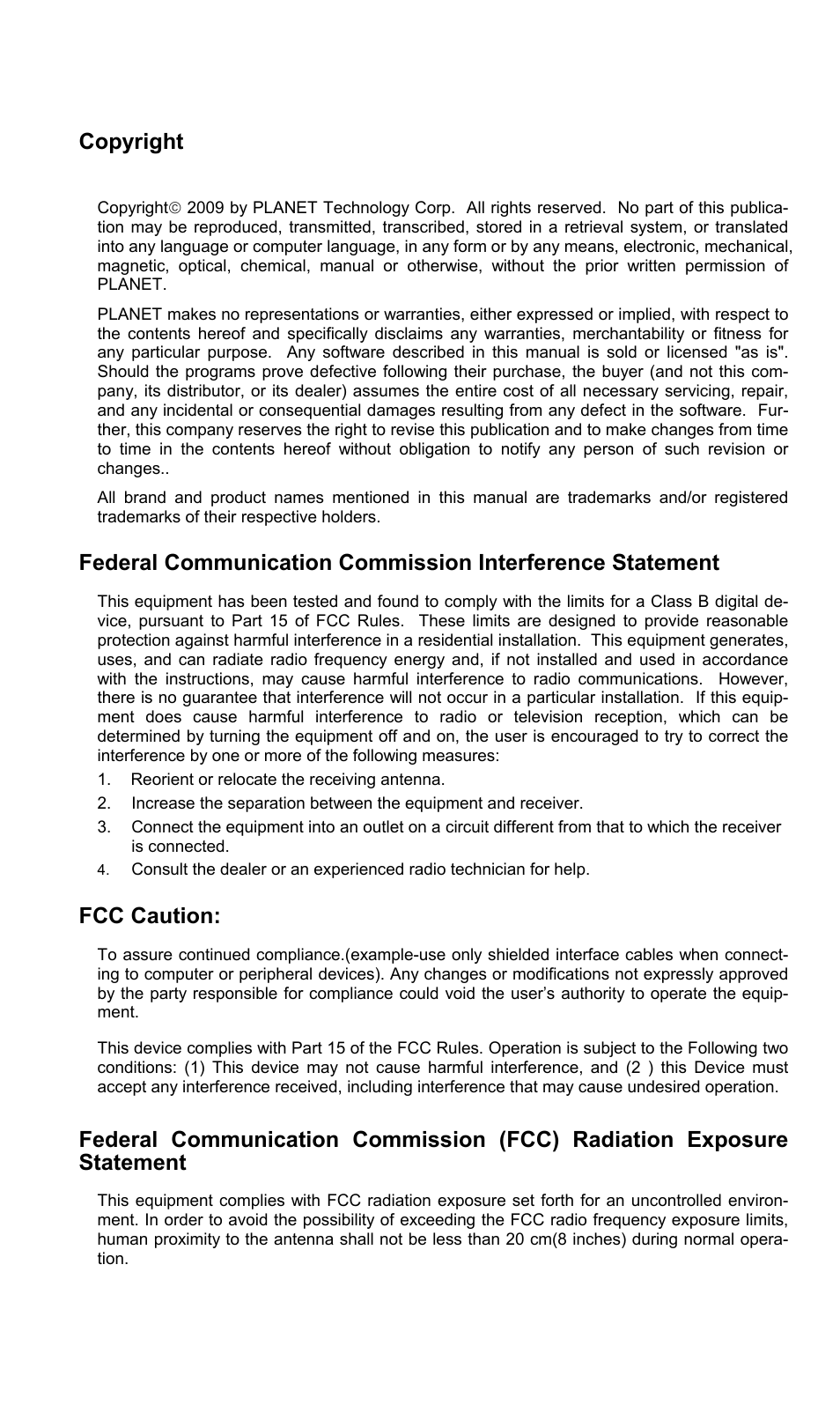 Copyright, Fcc caution | PLANET WNAP-3000PE User Manual | Page 2 / 90