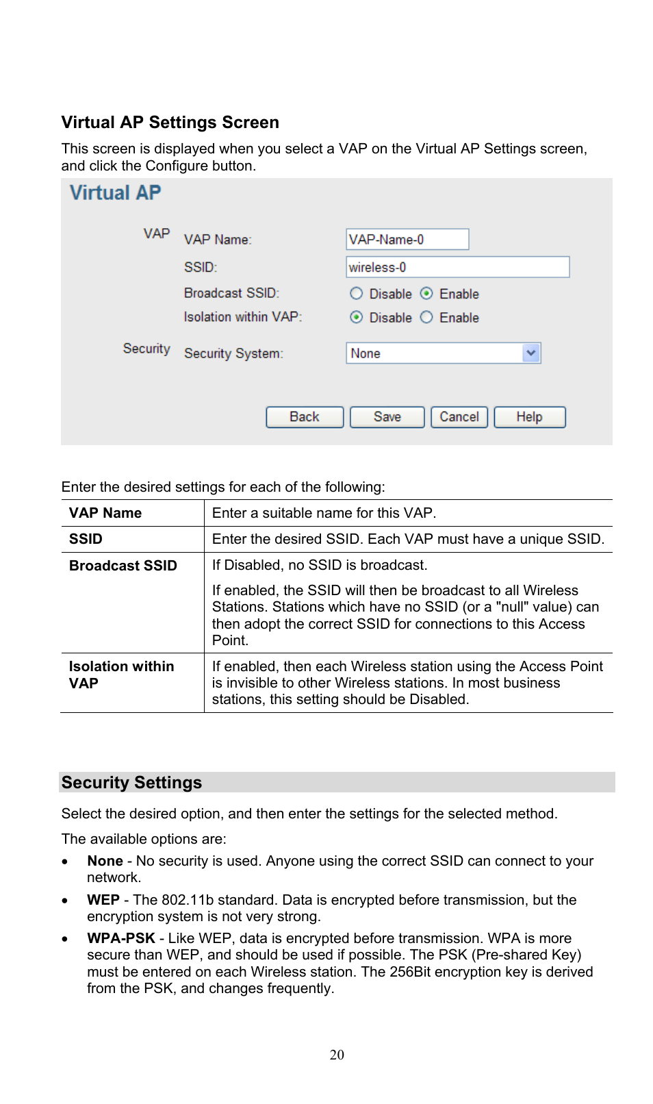 Security settings, Virtual ap settings screen | PLANET WNAP-3000PE User Manual | Page 25 / 90