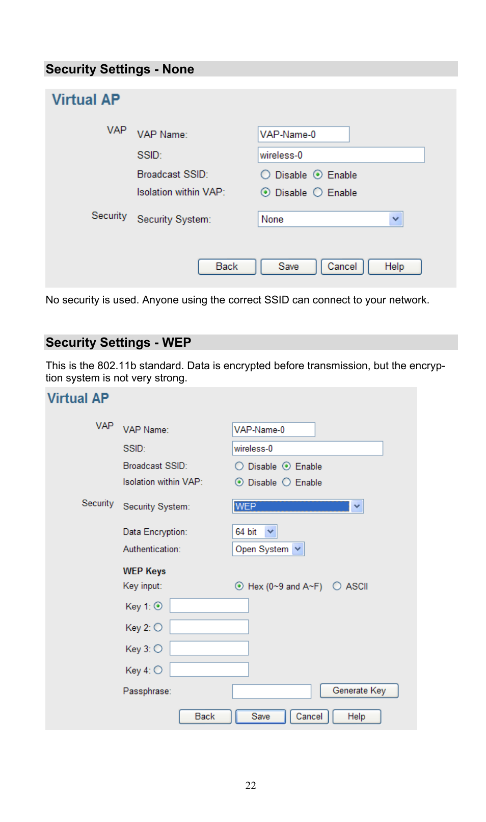 Security settings - none, Security settings - wep | PLANET WNAP-3000PE User Manual | Page 27 / 90