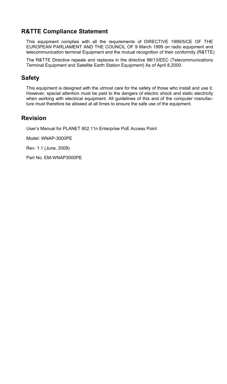 R&tte compliance statement, Safety, Revision | PLANET WNAP-3000PE User Manual | Page 3 / 90