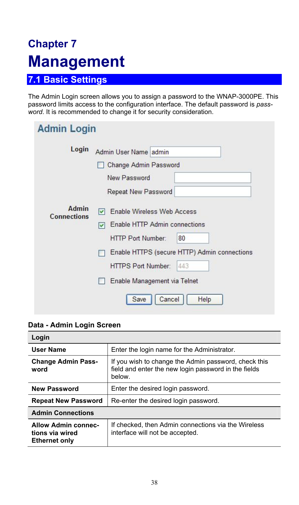 Chapter 7 management, 1 basic settings, Management | Chapter 7 | PLANET WNAP-3000PE User Manual | Page 43 / 90
