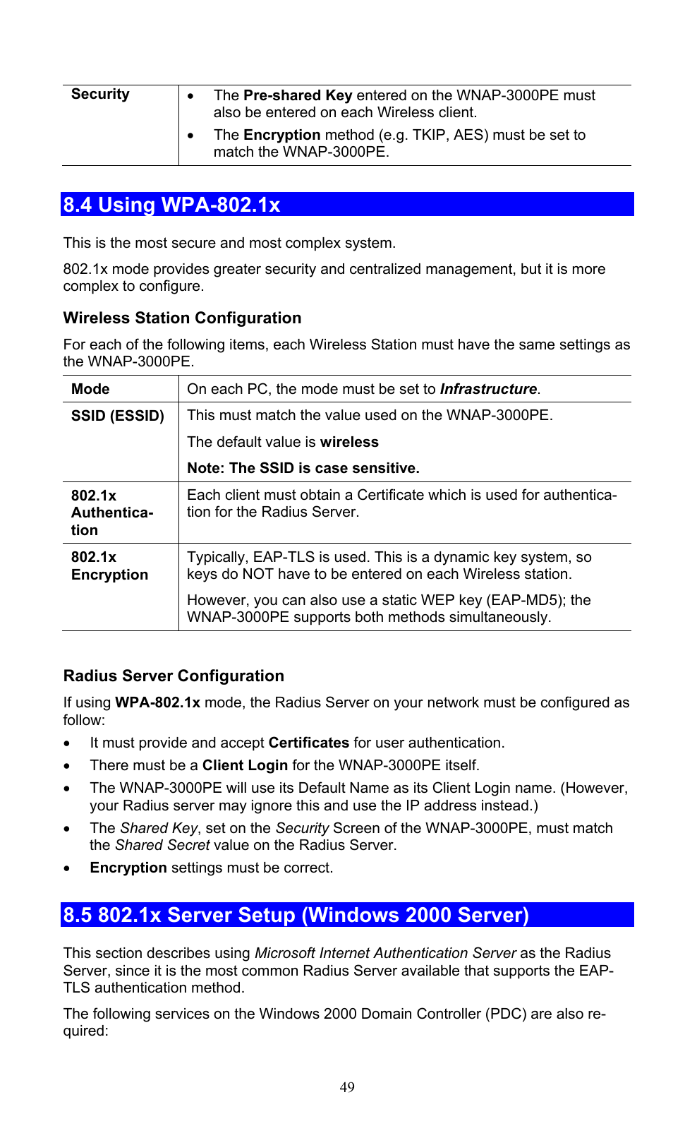 4 using wpa-802.1x, 5 802.1x server setup (windows 2000 server) | PLANET WNAP-3000PE User Manual | Page 54 / 90