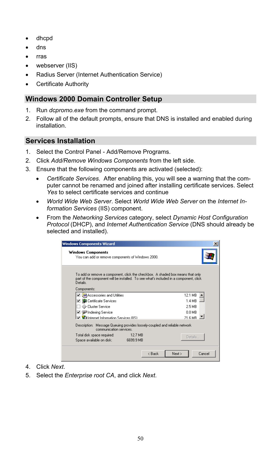 Windows 2000 domain controller setup, Services installation | PLANET WNAP-3000PE User Manual | Page 55 / 90