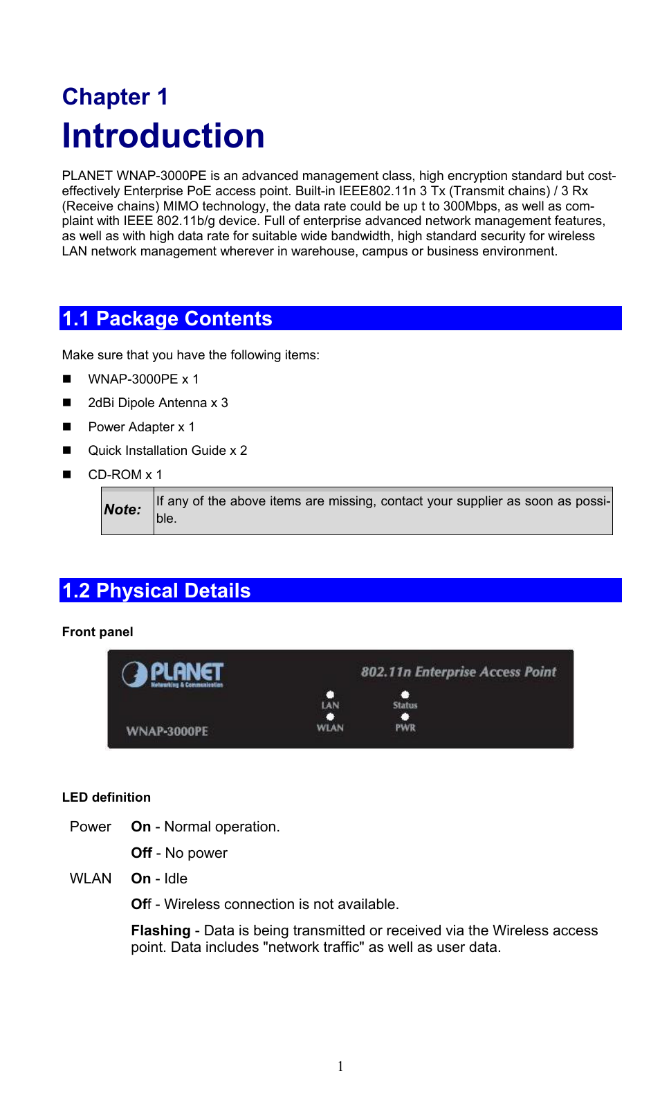 Chapter 1 introduction, 1 package contents, 2 physical details | Introduction, Chapter 1 | PLANET WNAP-3000PE User Manual | Page 6 / 90