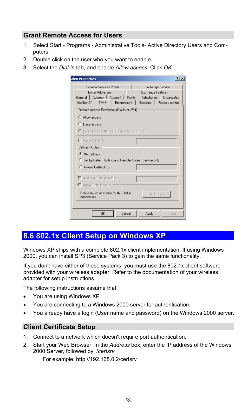 Grant remote access for users, 6 802.1x client setup on windows xp, Client certificate setup | PLANET WNAP-3000PE User Manual | Page 63 / 90