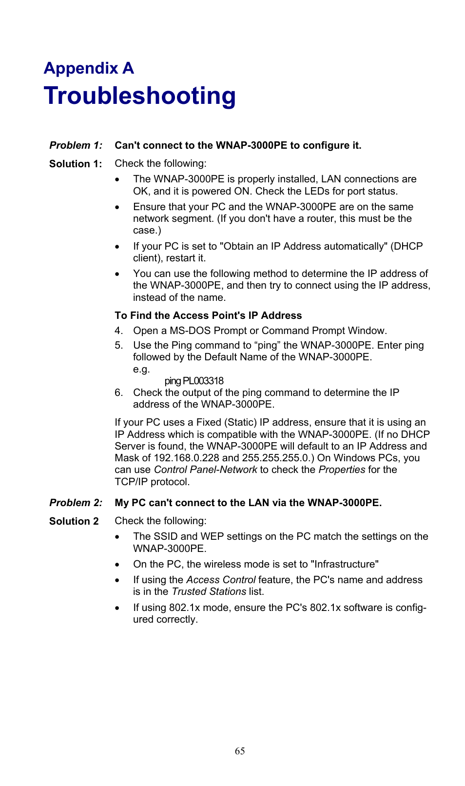 Appendix a troubleshooting, Troubleshooting, Appendix a | PLANET WNAP-3000PE User Manual | Page 70 / 90