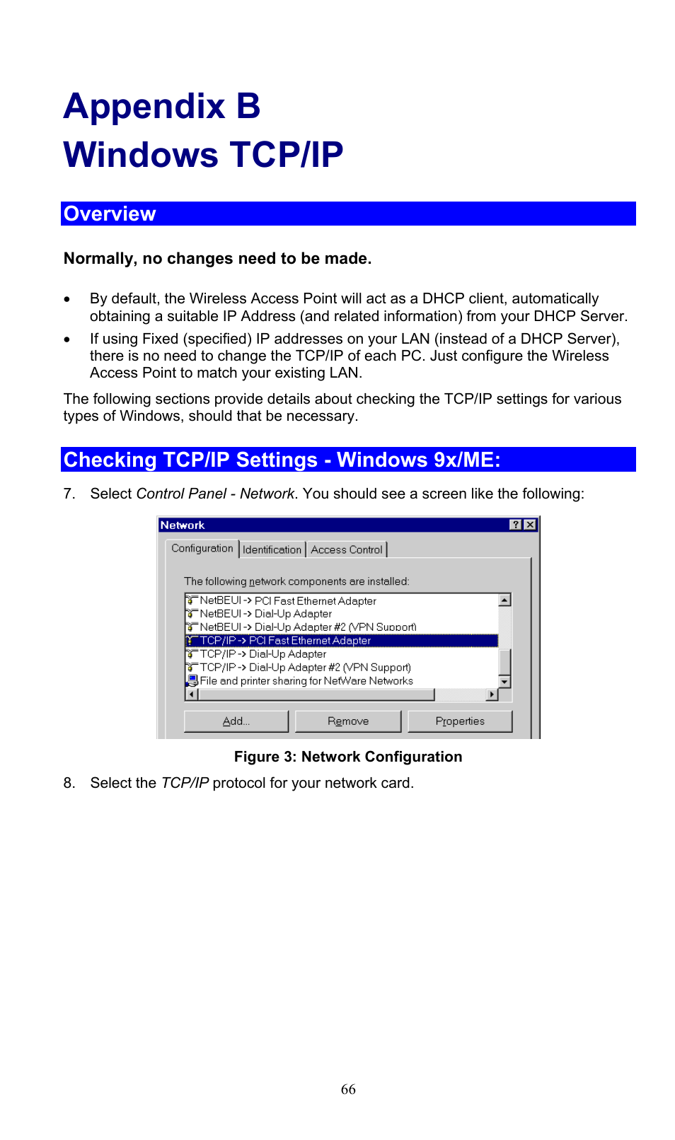 Appendix b windows tcp/ip, Overview, Checking tcp/ip settings - windows 9x/me | PLANET WNAP-3000PE User Manual | Page 71 / 90
