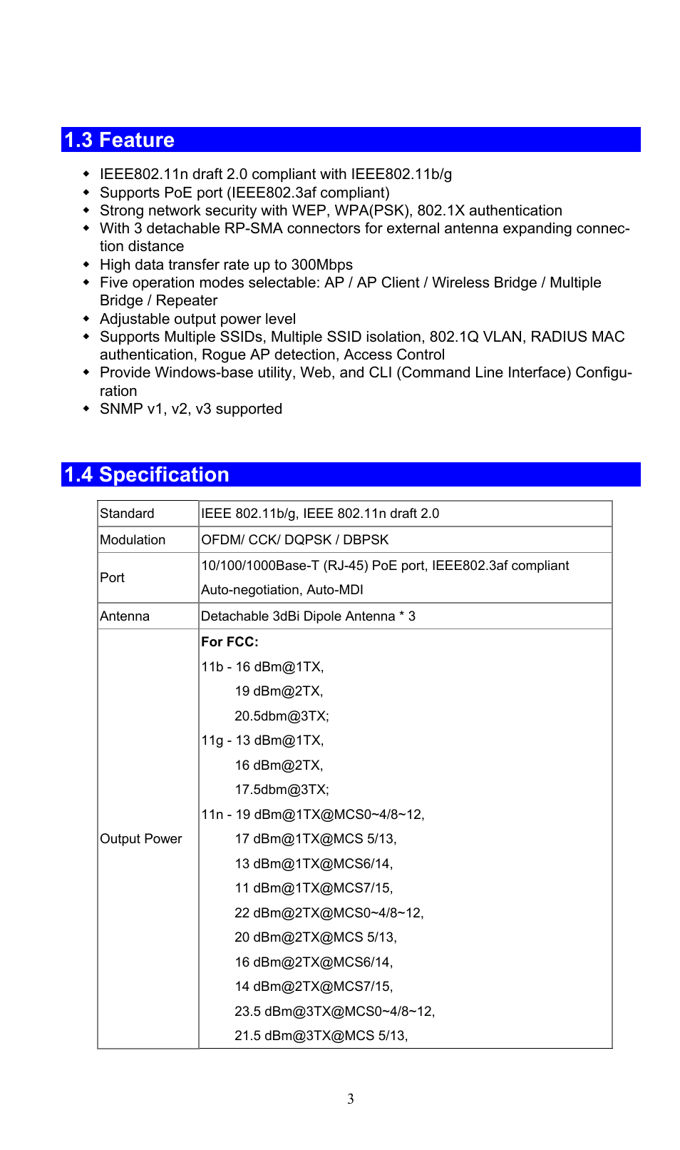 3 feature, 4 specification | PLANET WNAP-3000PE User Manual | Page 8 / 90