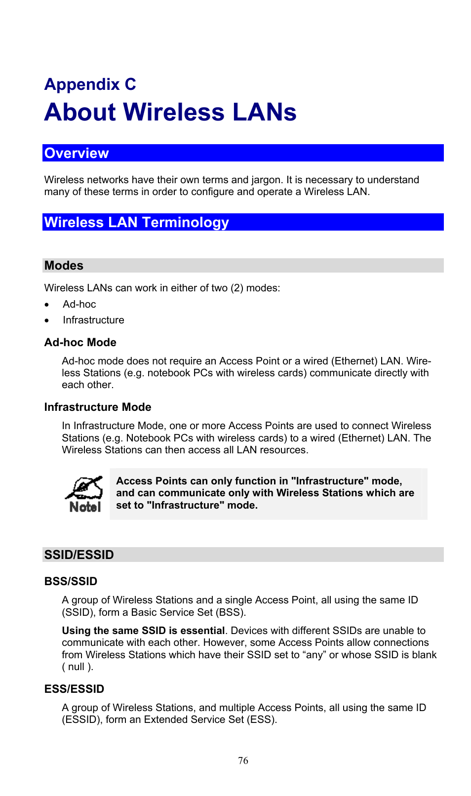 Appendix c about wireless lans, Overview, Wireless lan terminology | Modes, Ssid/essid, About wireless lans, Appendix c | PLANET WNAP-3000PE User Manual | Page 81 / 90
