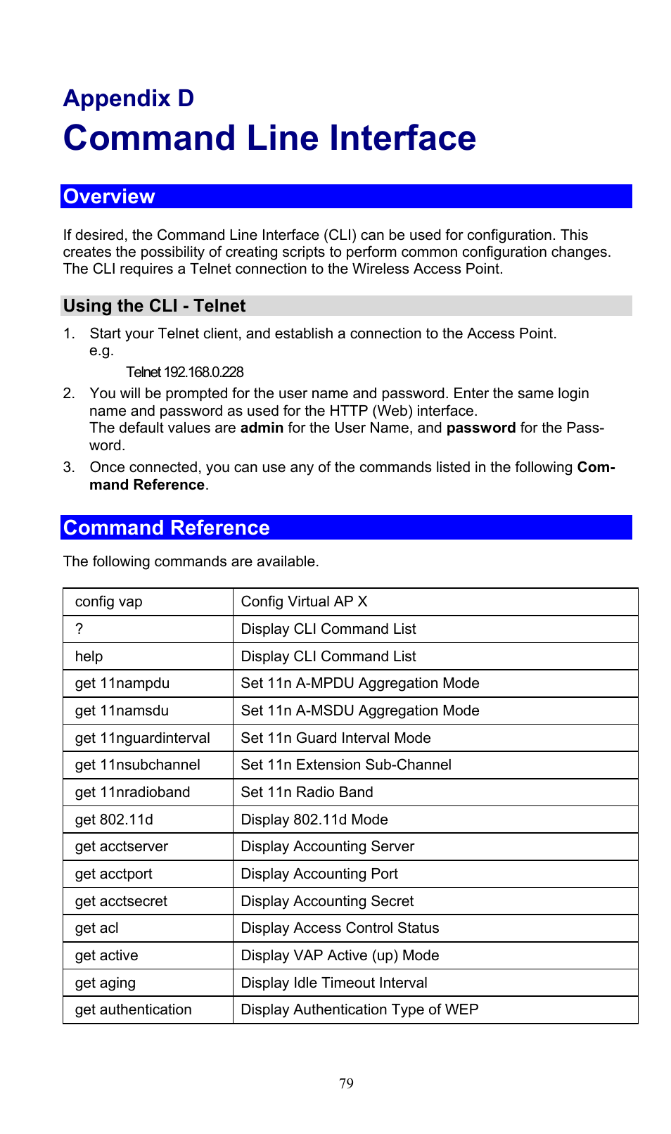 Appendix d command line interface, Overview, Using the cli - telnet | Command reference, Command line interface, Appendix d | PLANET WNAP-3000PE User Manual | Page 84 / 90