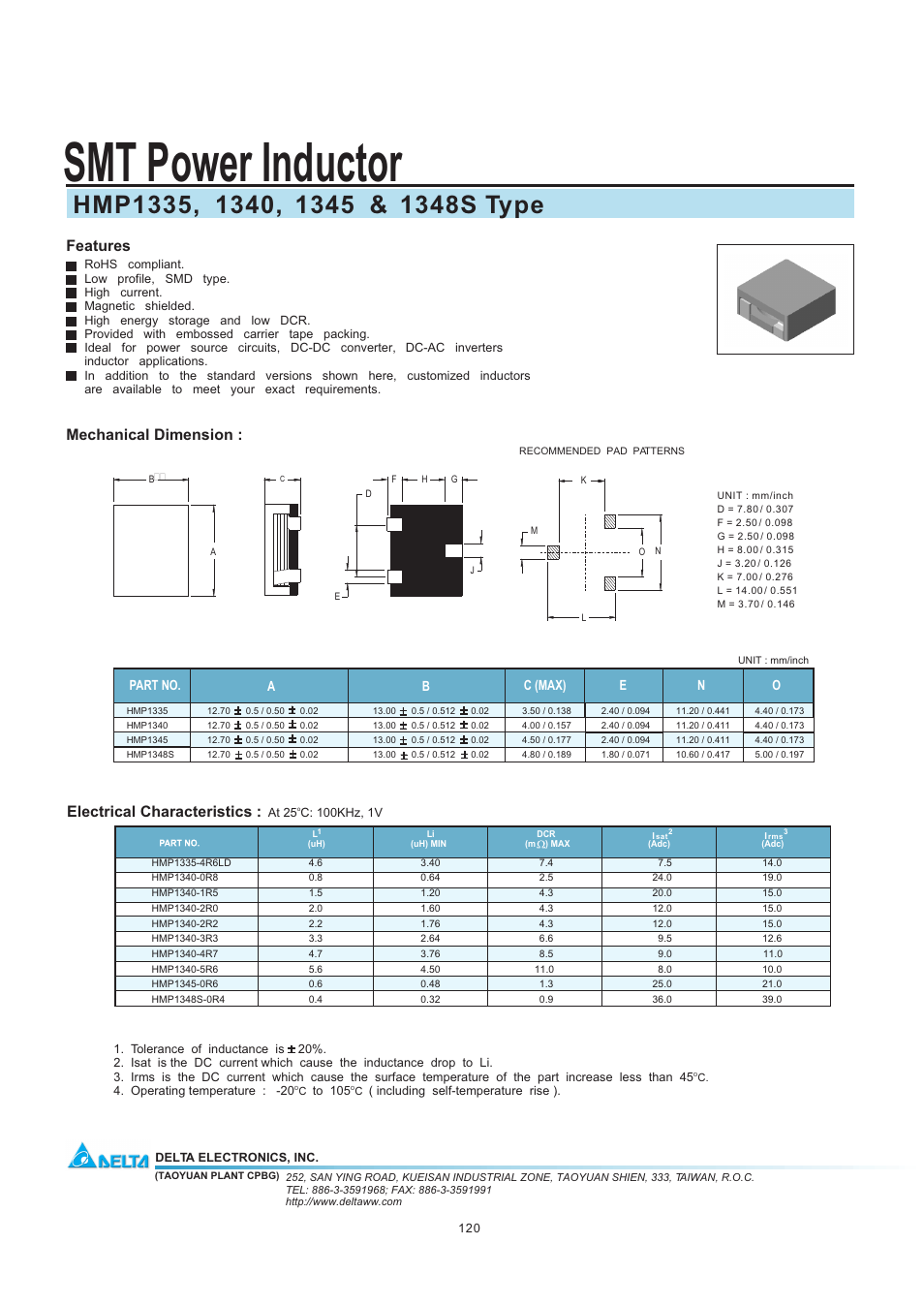 Delta Electronics SMT Power Inductor 1340 User Manual | 1 page