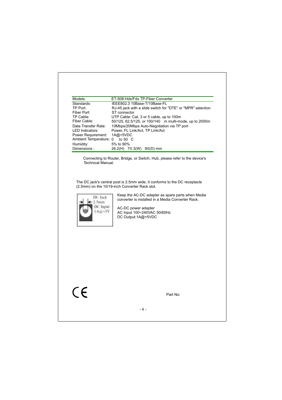 Et-508 technical specifications, Dc power jack and ac-dc power adapter | PLANET ET-508 User Manual | Page 4 / 4
