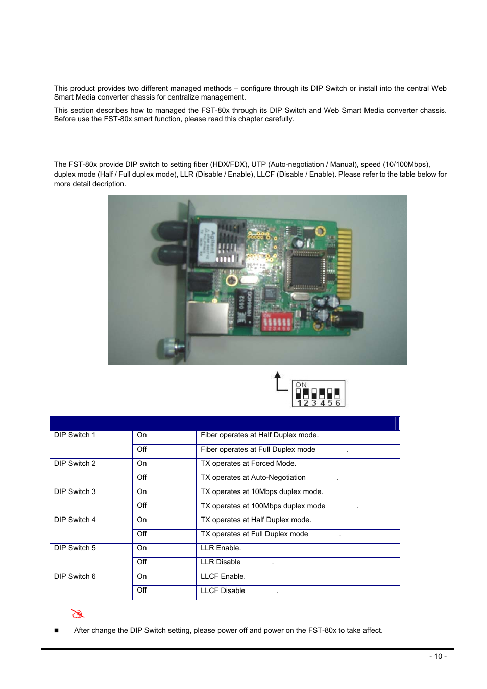 Manage the media converter, 1 dip switch configuration, Witch configuration | PLANET FST-80x Series User Manual | Page 10 / 19