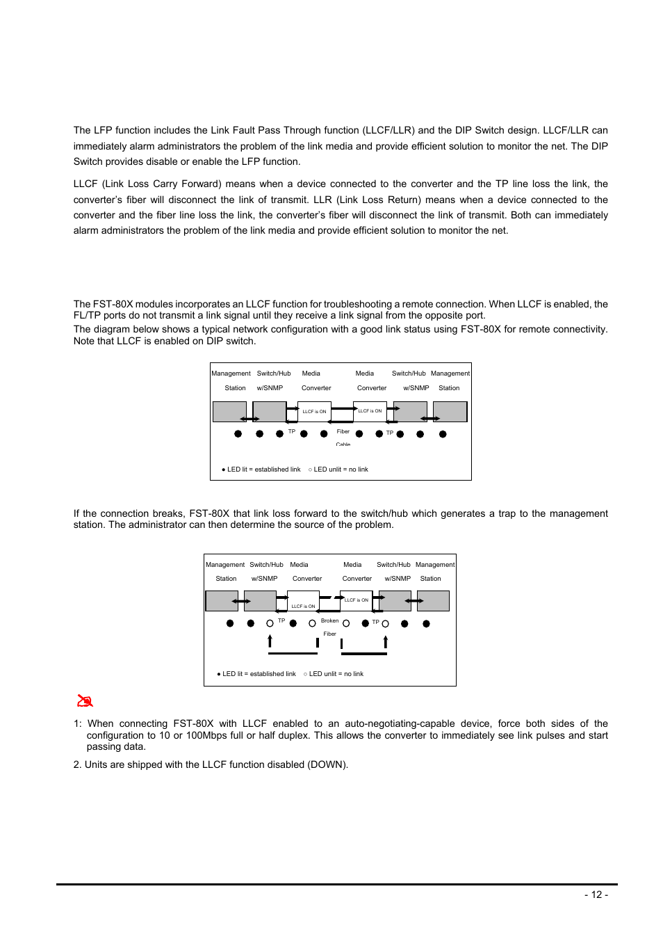Link pass through function, 1 link loss carry forward (llcf), Arry | Orward, Llcf), Notice | PLANET FST-80x Series User Manual | Page 12 / 19
