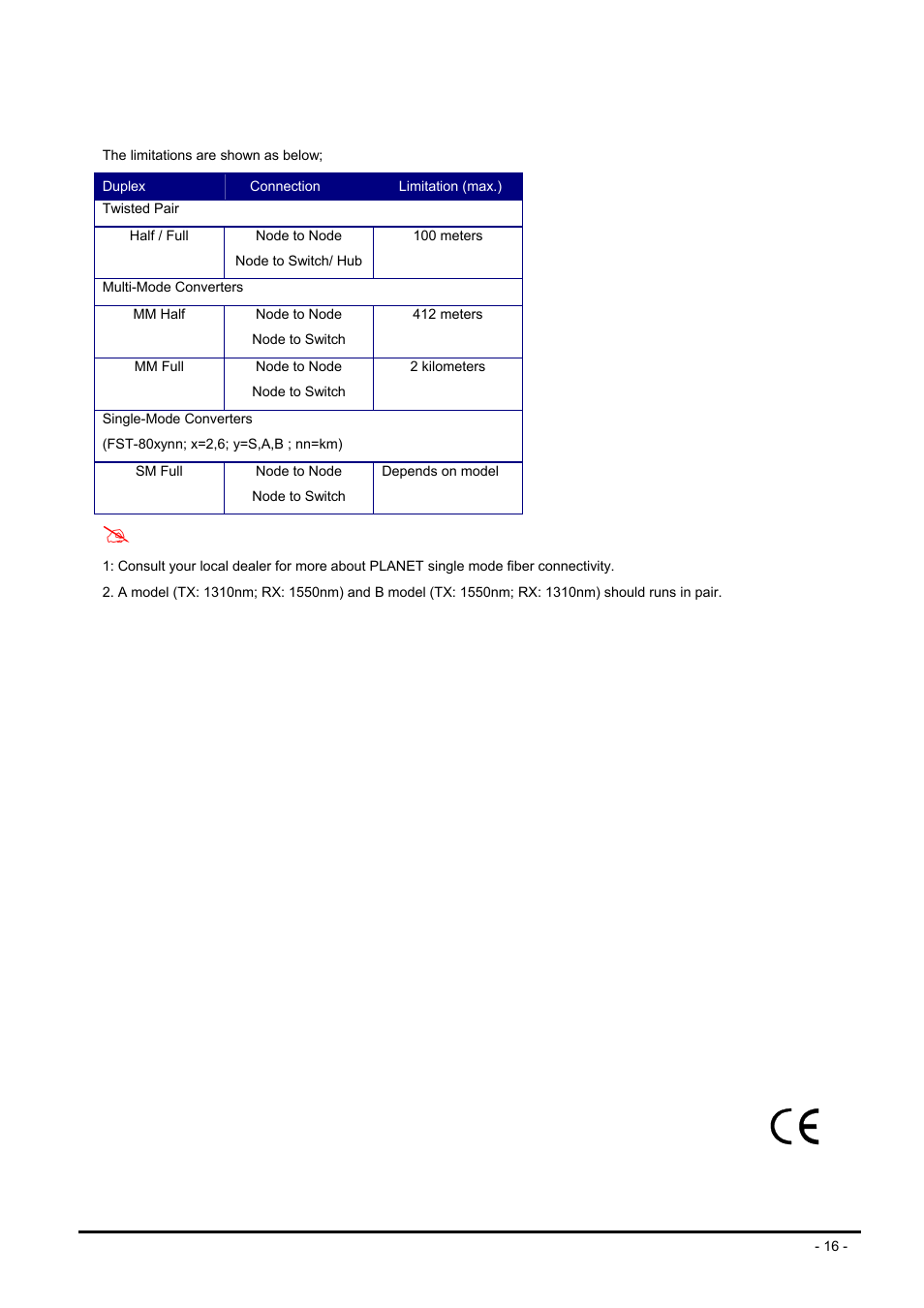 A.3 cable connection parameter, Able, Onnection | Arameter | PLANET FST-80x Series User Manual | Page 16 / 19