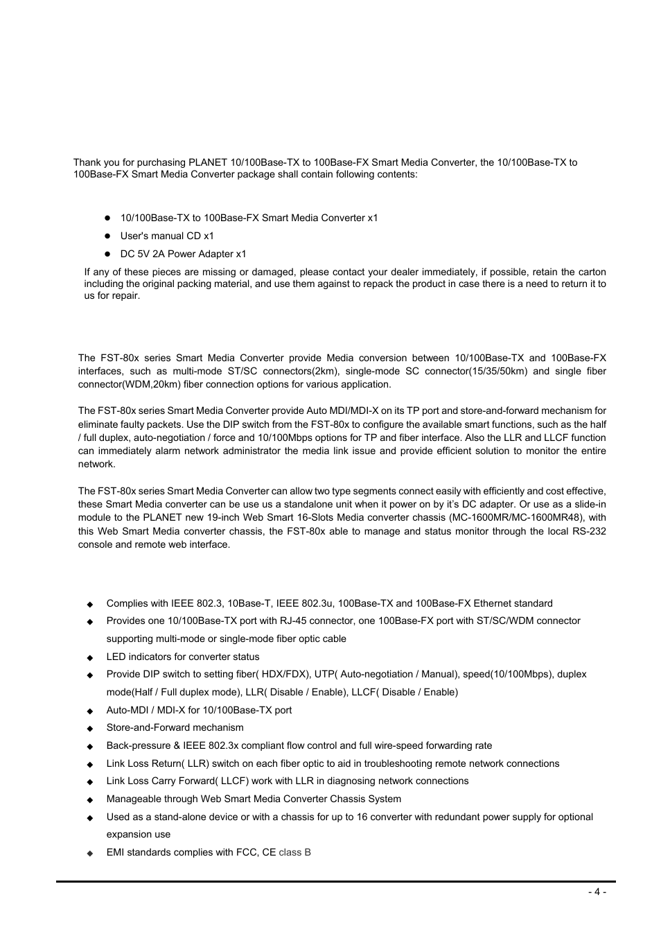 Introduction, 1 checklist, 3 features | Hecklist, Bout the, 10/100b, 100b, Mart, Edia, Onverter | PLANET FST-80x Series User Manual | Page 4 / 19