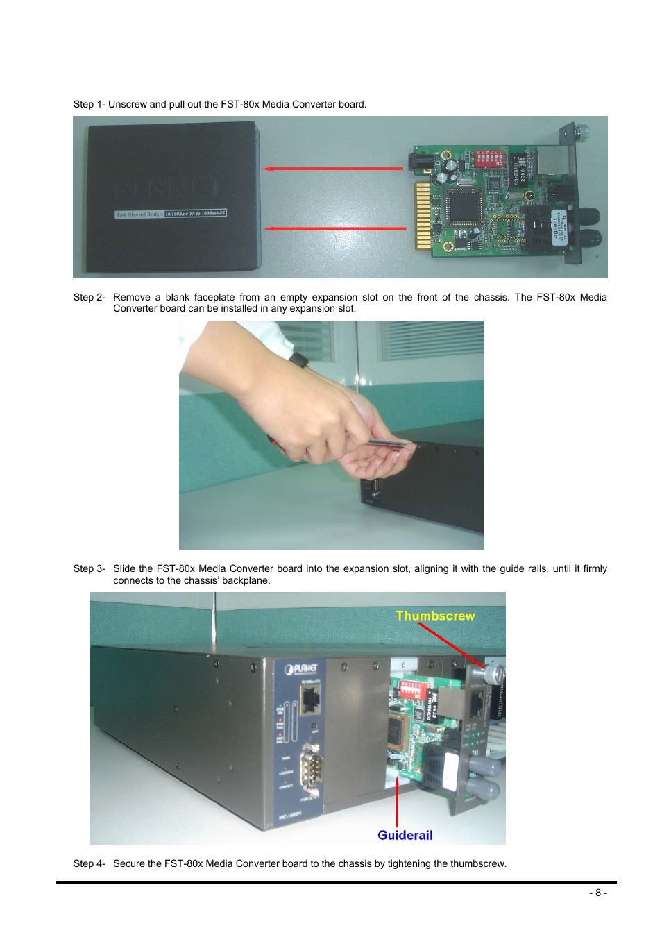 Lide, Edia, Onverter module into | Mc-1600mr/r48, Hassis installation | PLANET FST-80x Series User Manual | Page 8 / 19