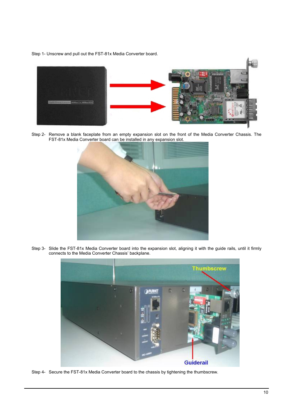Lide, Edia, Onverter module into | Mc-1600mr, Mc-1610mr, Series, Hassis, Nstallation | PLANET FST-81x Series User Manual | Page 10 / 21