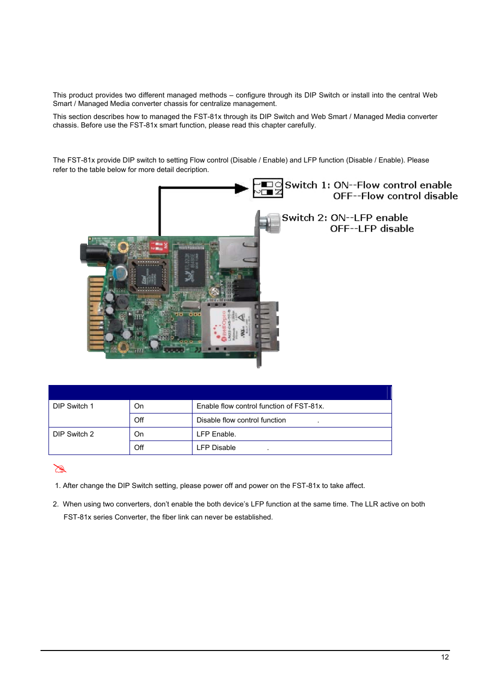 Manage the media converter, 1 dip switch configuration, Witch configuration | PLANET FST-81x Series User Manual | Page 12 / 21
