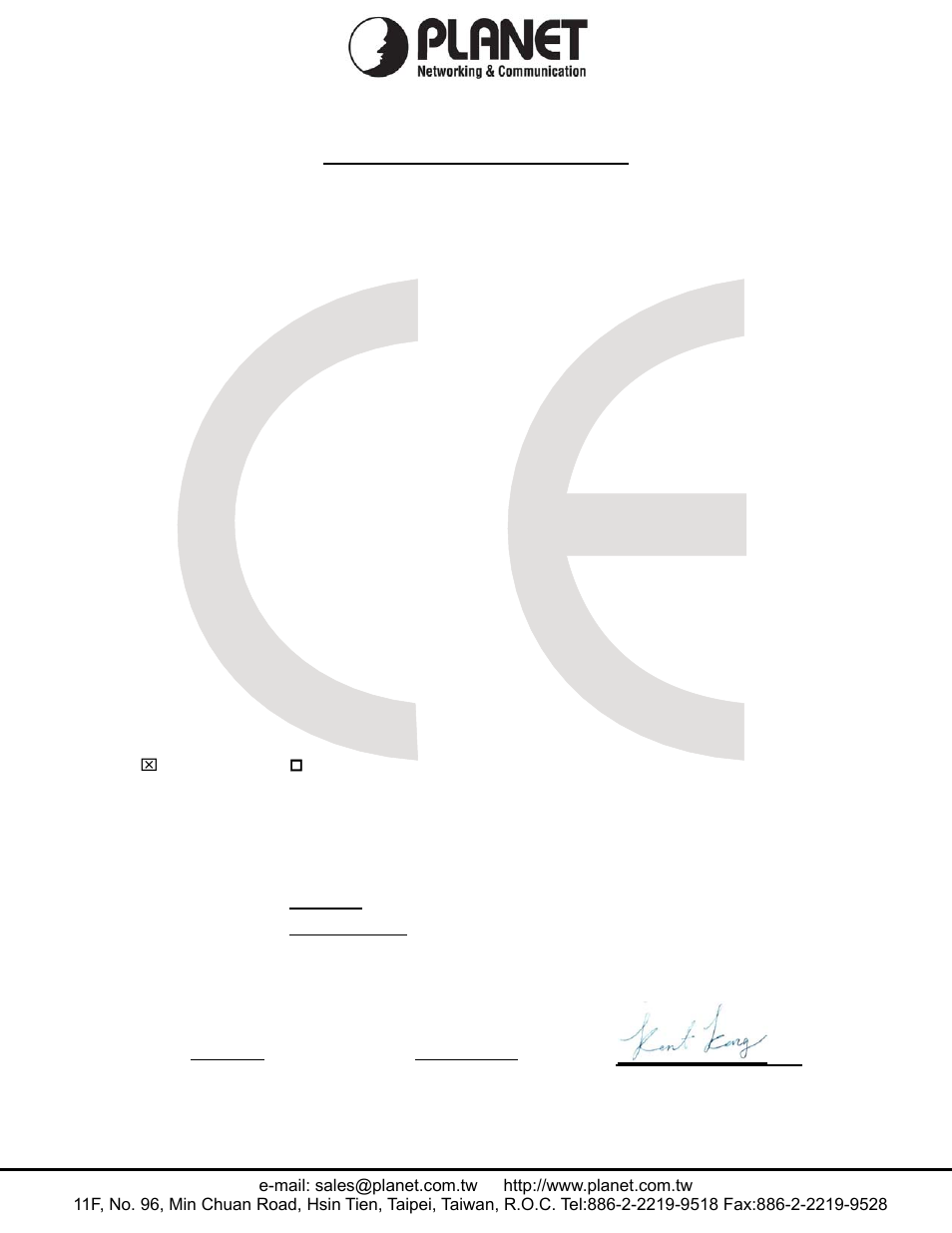 Ec declaration of conformity, Planet technology corporation | PLANET FST-81x Series User Manual | Page 21 / 21