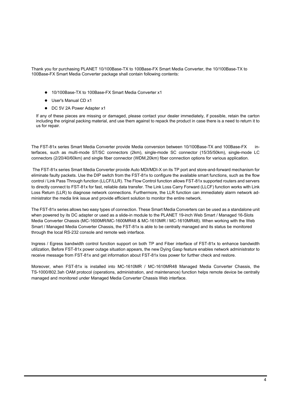 Introduction, 1 checklist, Hecklist | Bout the, 10/100b, 100b, Mart, Edia, Onverter | PLANET FST-81x Series User Manual | Page 4 / 21