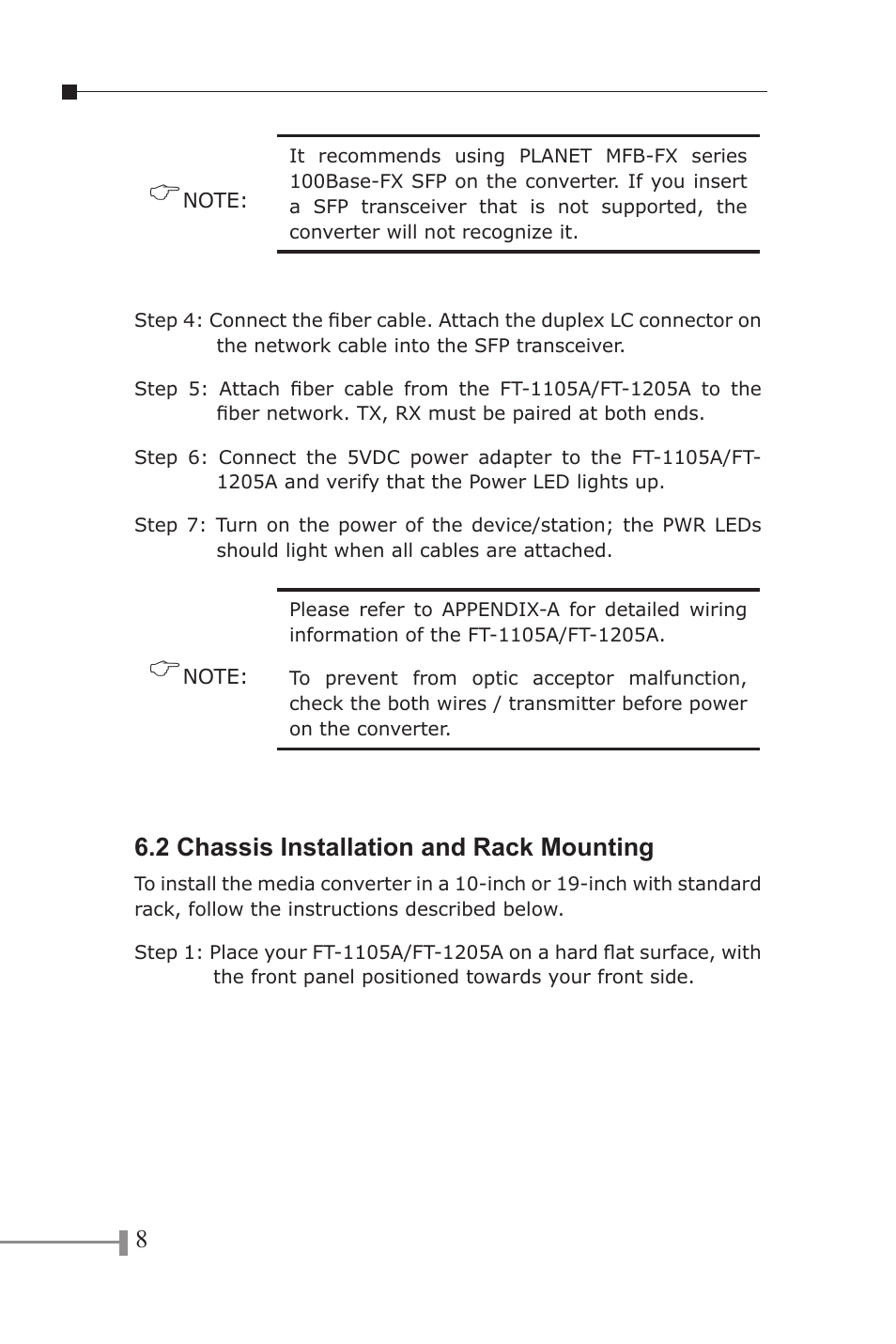 2 chassis installation and rack mounting | PLANET FT-1105A User Manual | Page 11 / 24