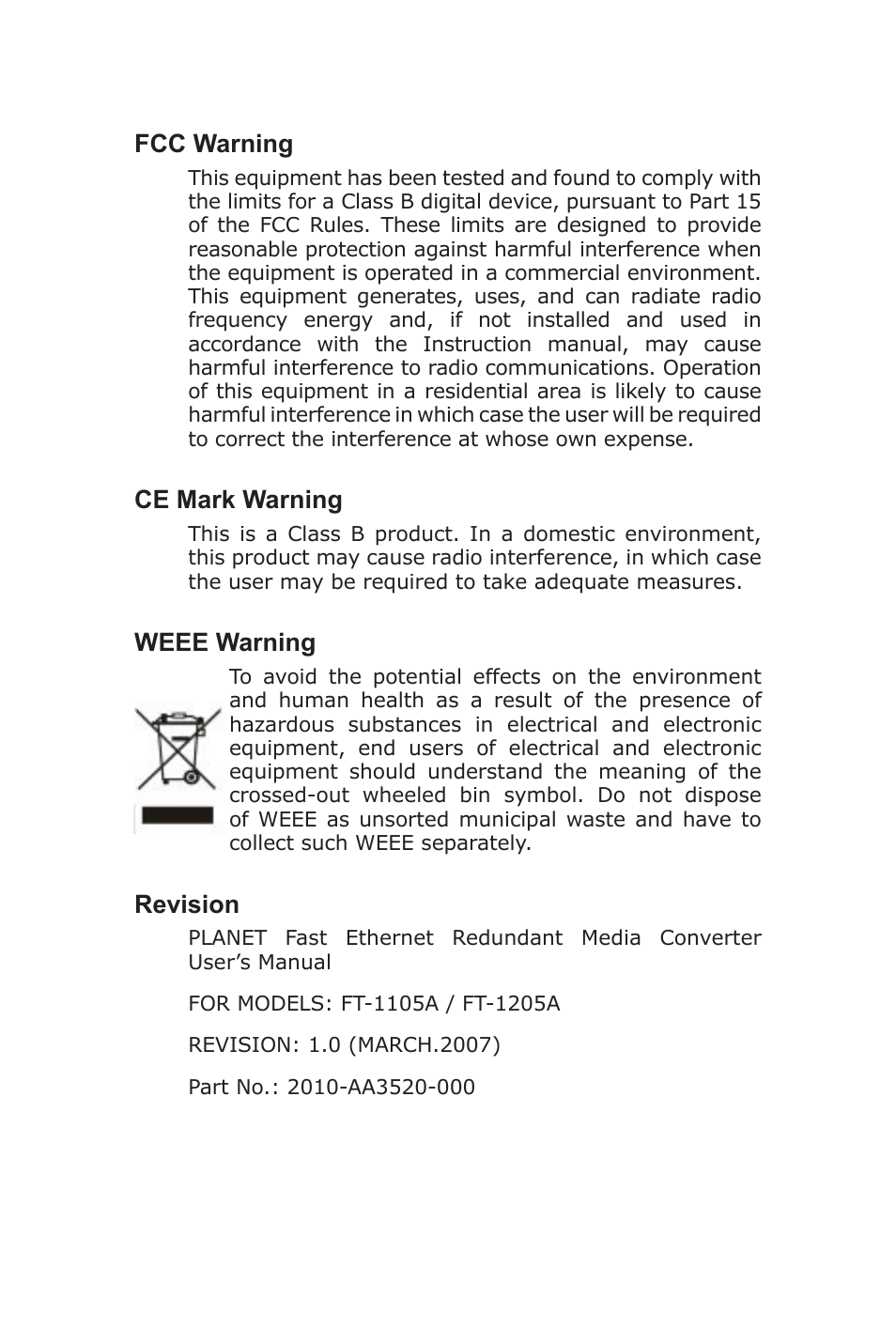 Fcc warning, Ce mark warning, Weee warning | Revision | PLANET FT-1105A User Manual | Page 2 / 24