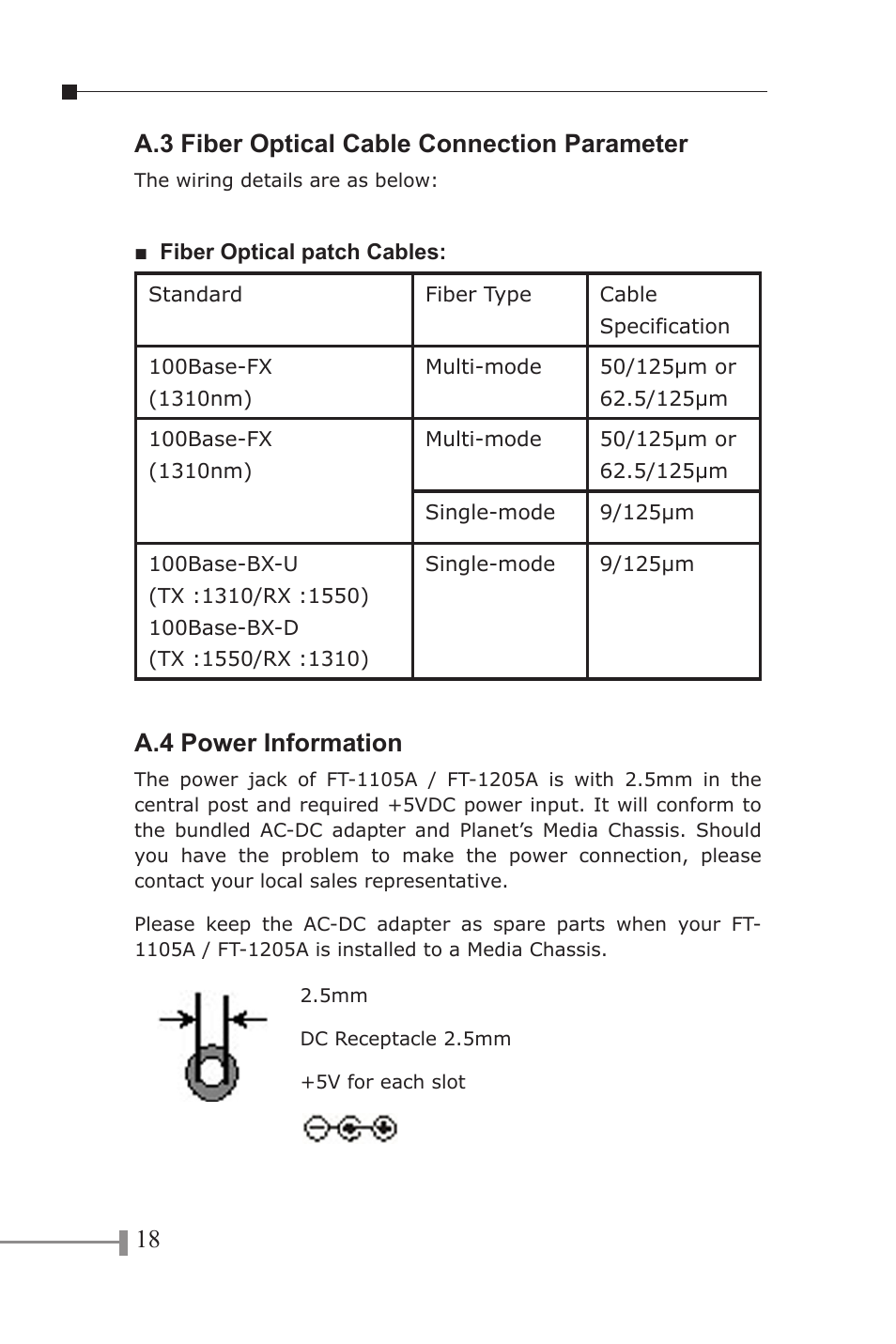 18 a.3 fiber optical cable connection parameter, A.4 power information | PLANET FT-1105A User Manual | Page 21 / 24