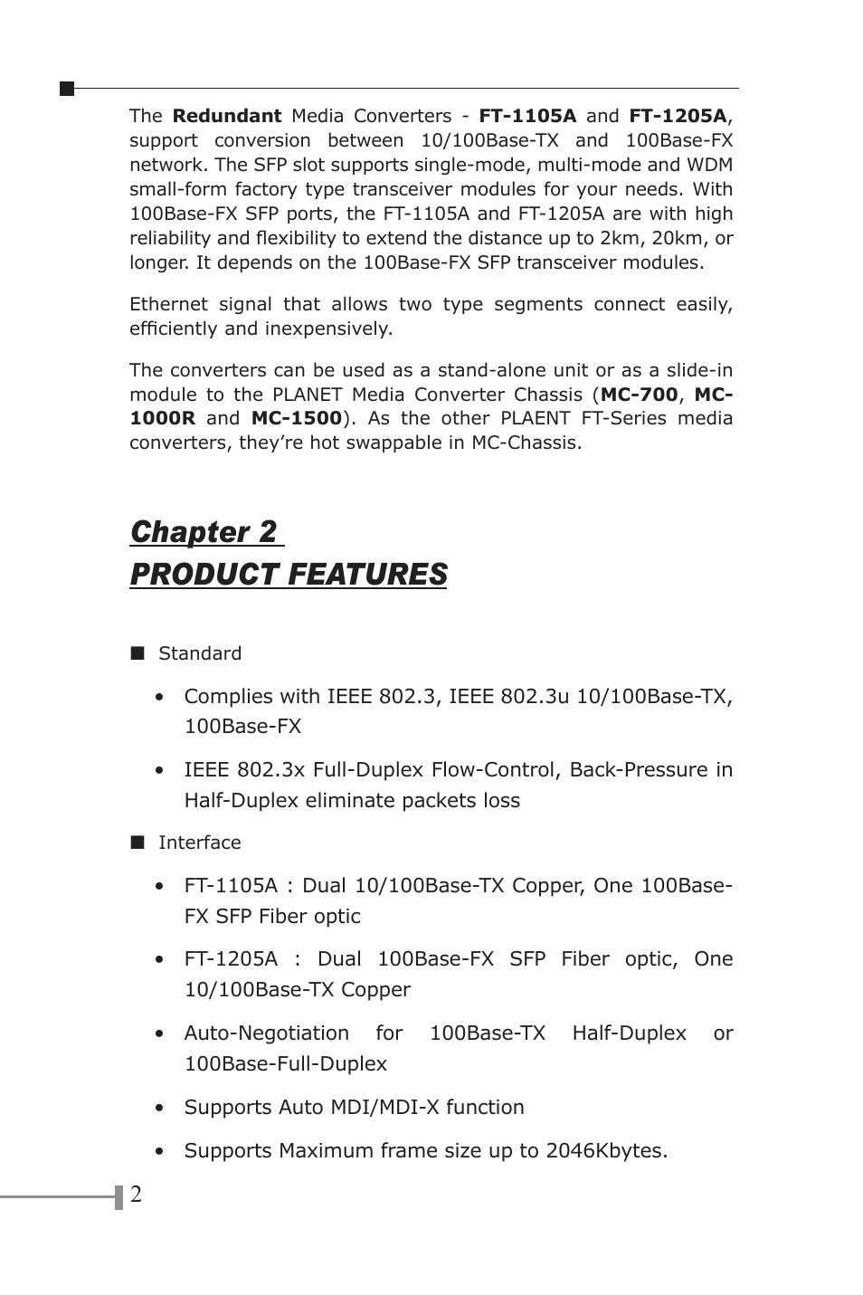Chapter 2 product features | PLANET FT-1105A User Manual | Page 5 / 24