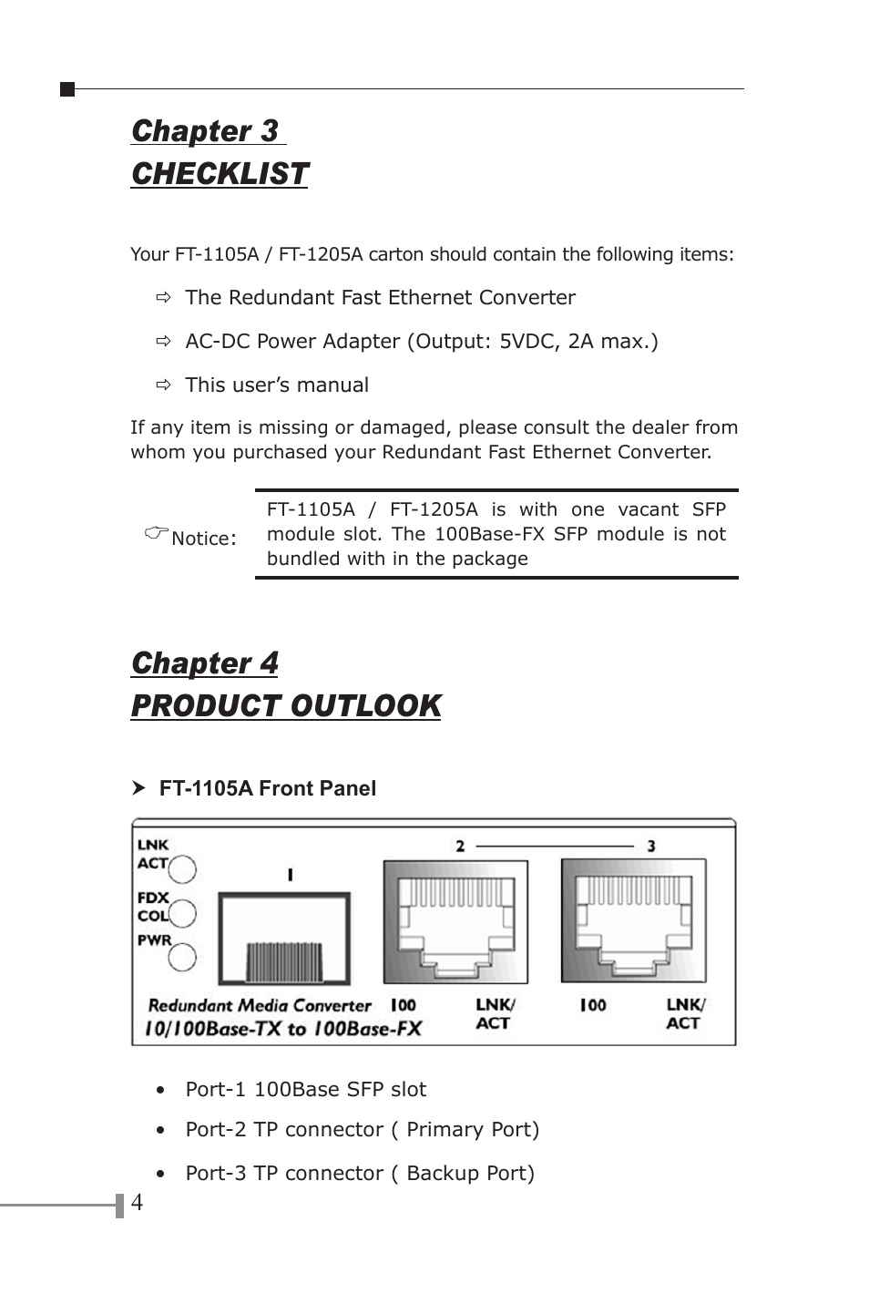 Chapter 3 checklist, Chapter 4 product outlook | PLANET FT-1105A User Manual | Page 7 / 24