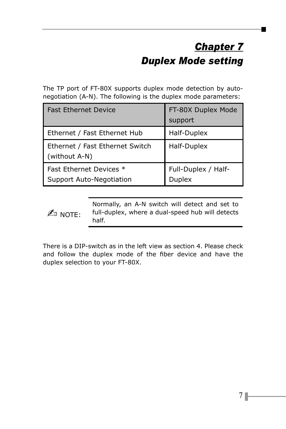 Duplex mode setting, Chapter 7 duplex mode setting | PLANET FT-801 User Manual | Page 11 / 18