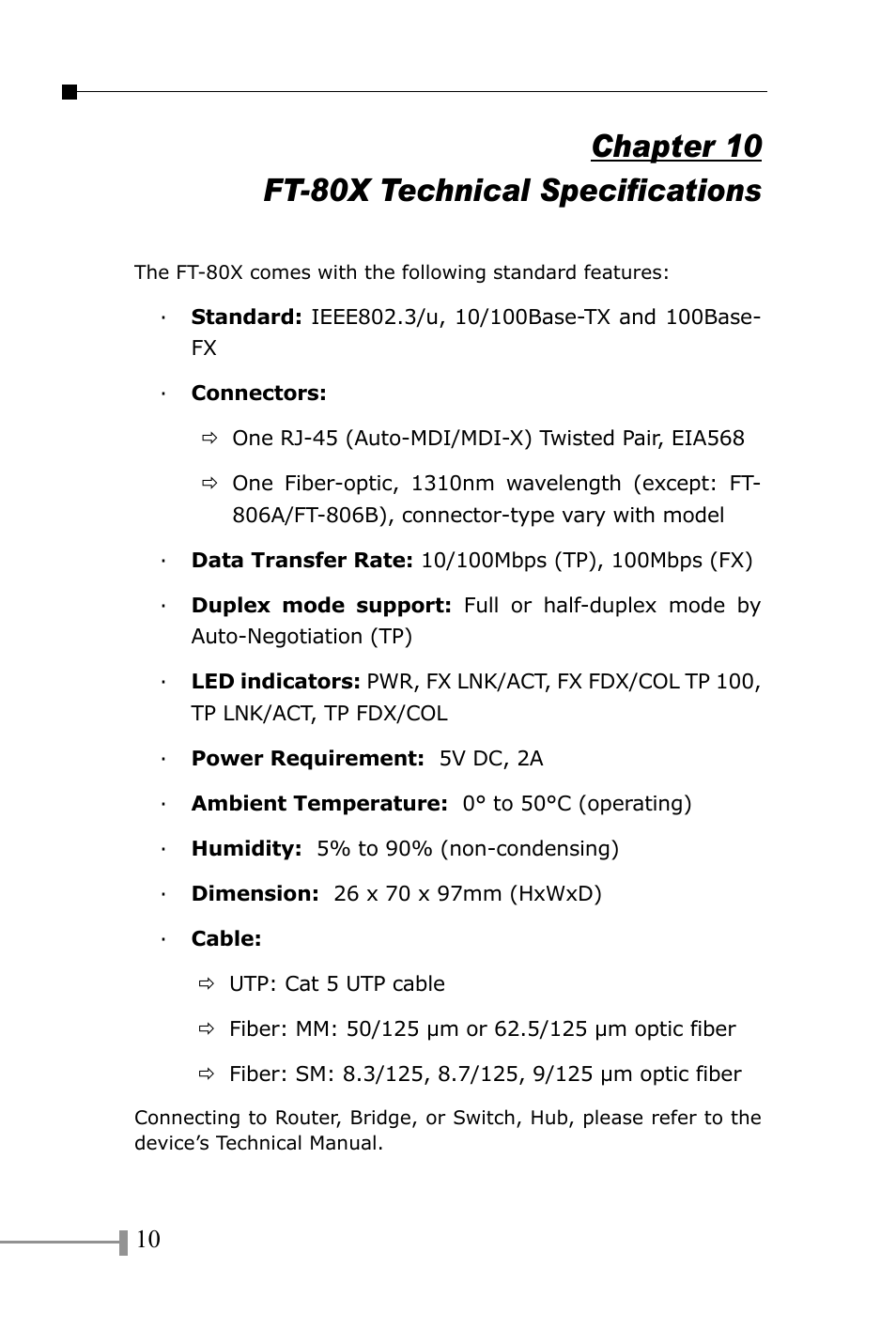 Ft-80x technical specifications, Chapter 10 ft-80x technical specifications | PLANET FT-801 User Manual | Page 14 / 18