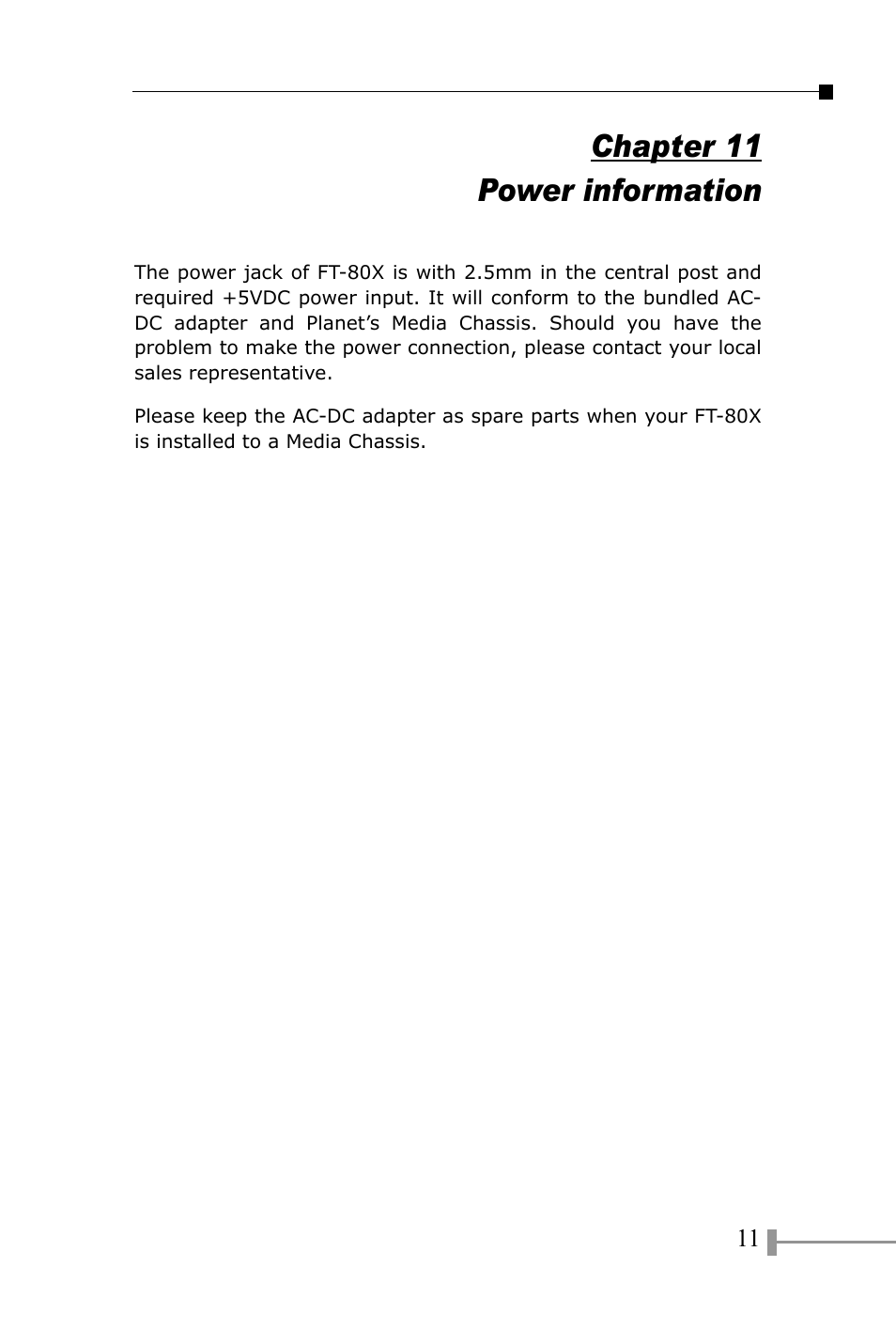 Power information, Chapter 11 power information | PLANET FT-801 User Manual | Page 15 / 18