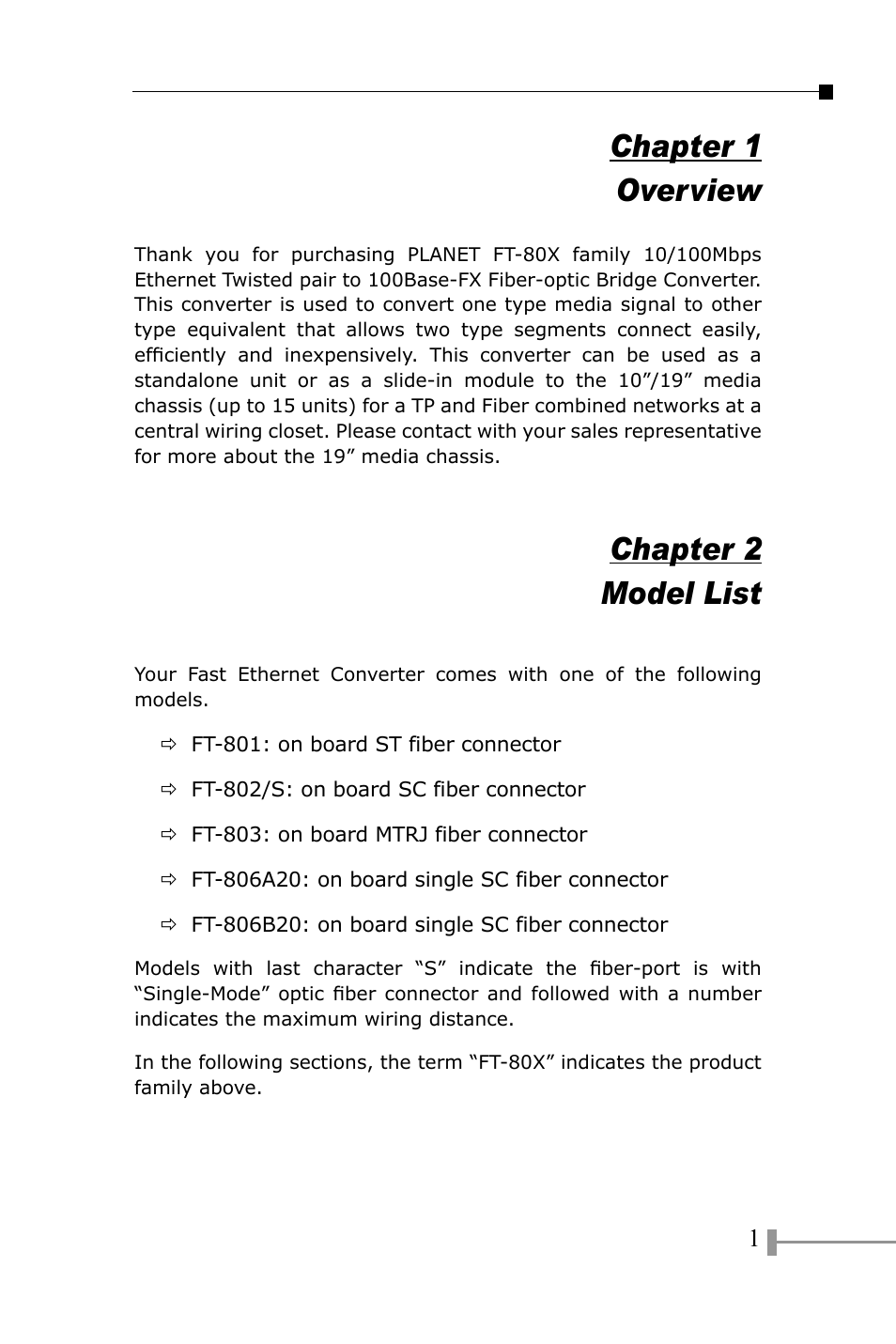 Overview, Model list, Chapter 1 overview | Chapter 2 model list | PLANET FT-801 User Manual | Page 5 / 18