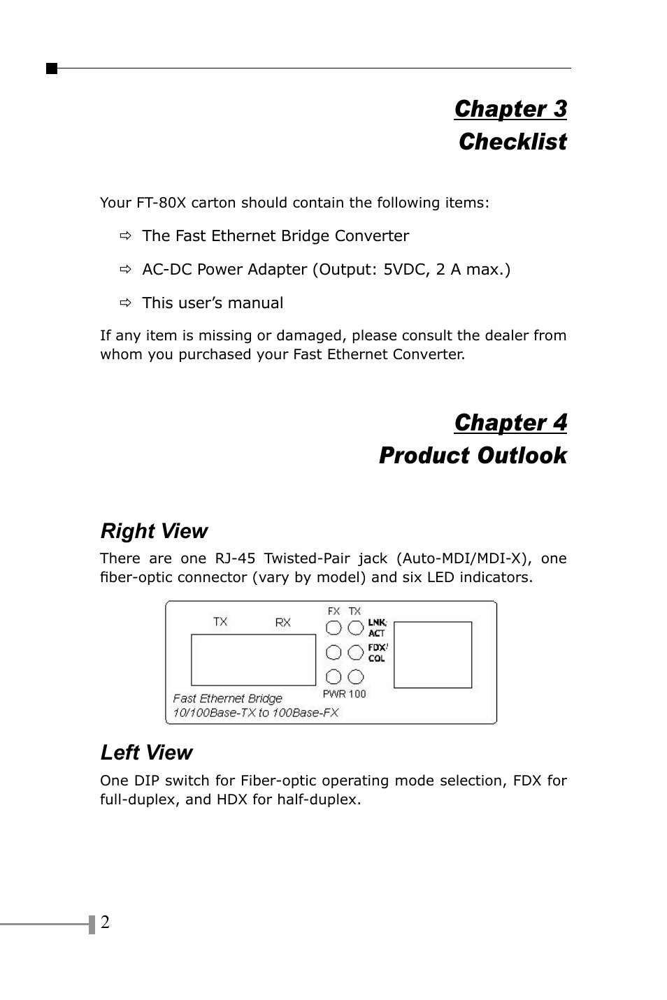 Checklist, Product outlook, Chapter 3 checklist | Chapter 4 product outlook, Right view, Left view | PLANET FT-801 User Manual | Page 6 / 18