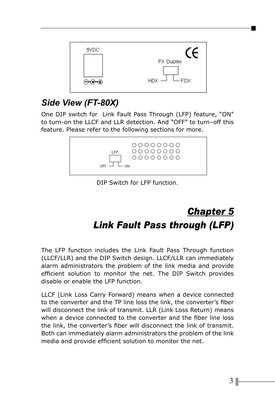 Link fall pass through (lfp), Link fault pass through (lfp), Chapter 5 link fault pass through (lfp) | Side view (ft-80x) | PLANET FT-801 User Manual | Page 7 / 18