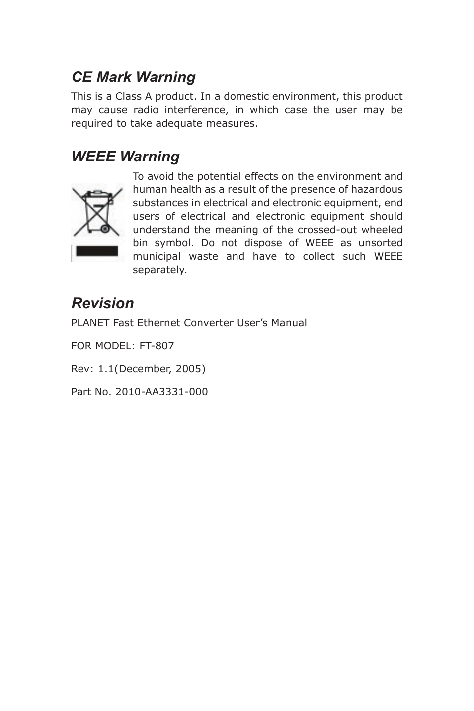 Ce mark warning, Weee warning, Revision | PLANET FT-807 User Manual | Page 2 / 12