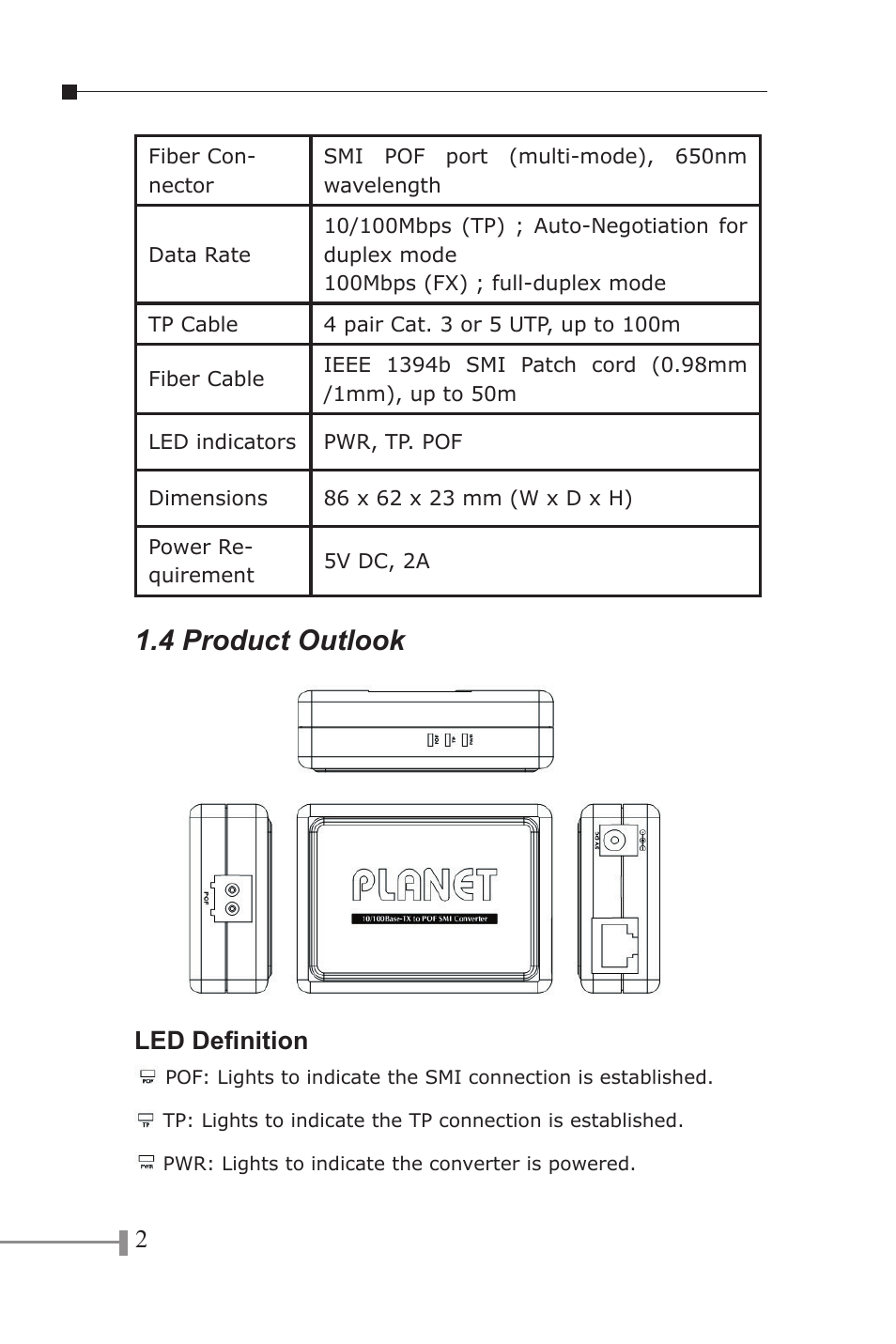 4 product outlook, Led deﬁnition | PLANET FT-807 User Manual | Page 6 / 12