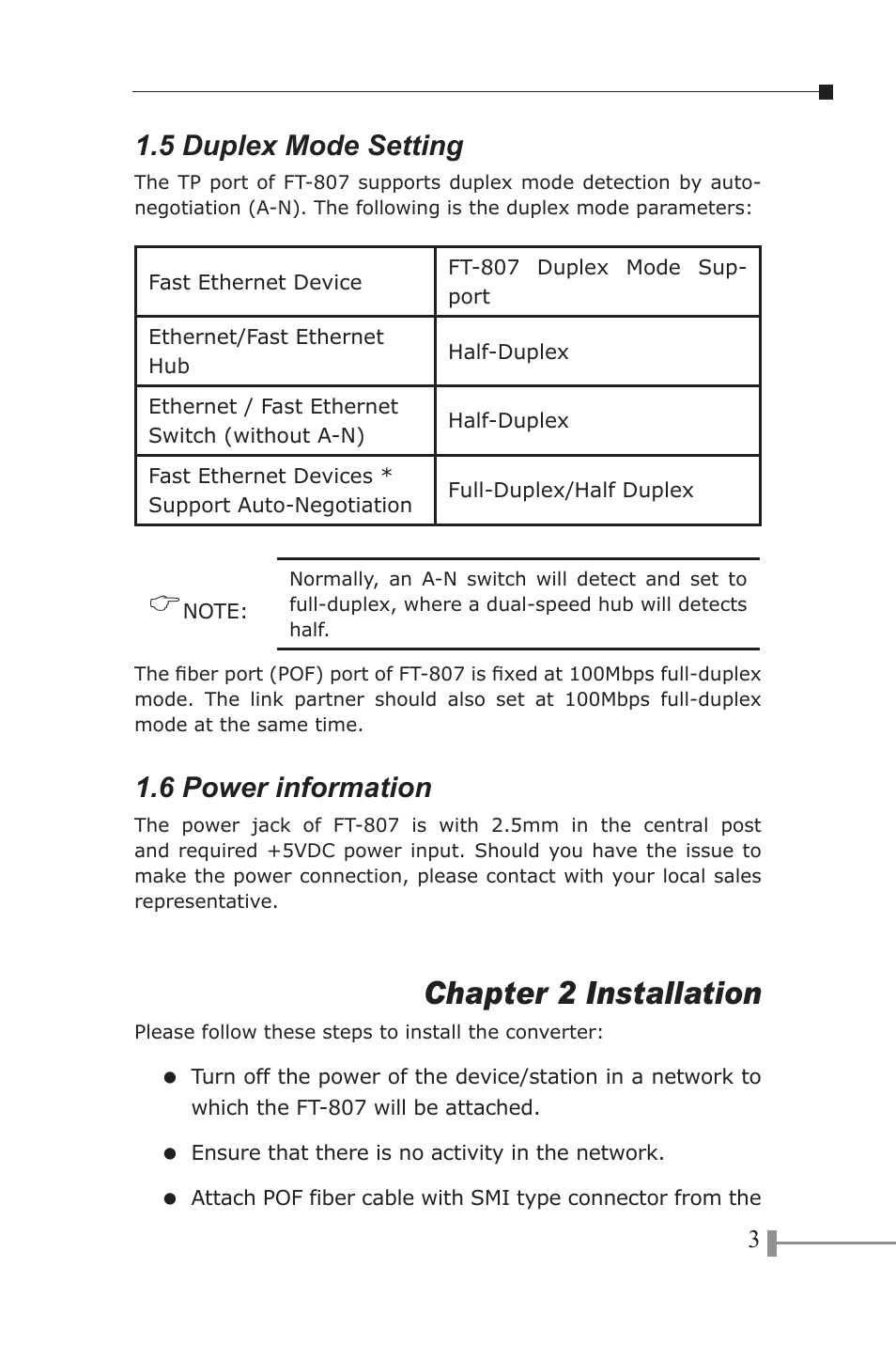 Chapter 2 installation, 5 duplex mode setting, 6 power information | PLANET FT-807 User Manual | Page 7 / 12