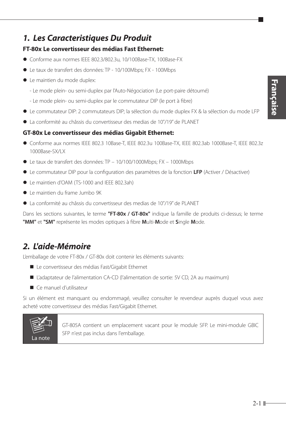 Les caracteristiques du produit, L'aide-mémoire, Franç aise | PLANET FT-80x Series User Manual | Page 14 / 65