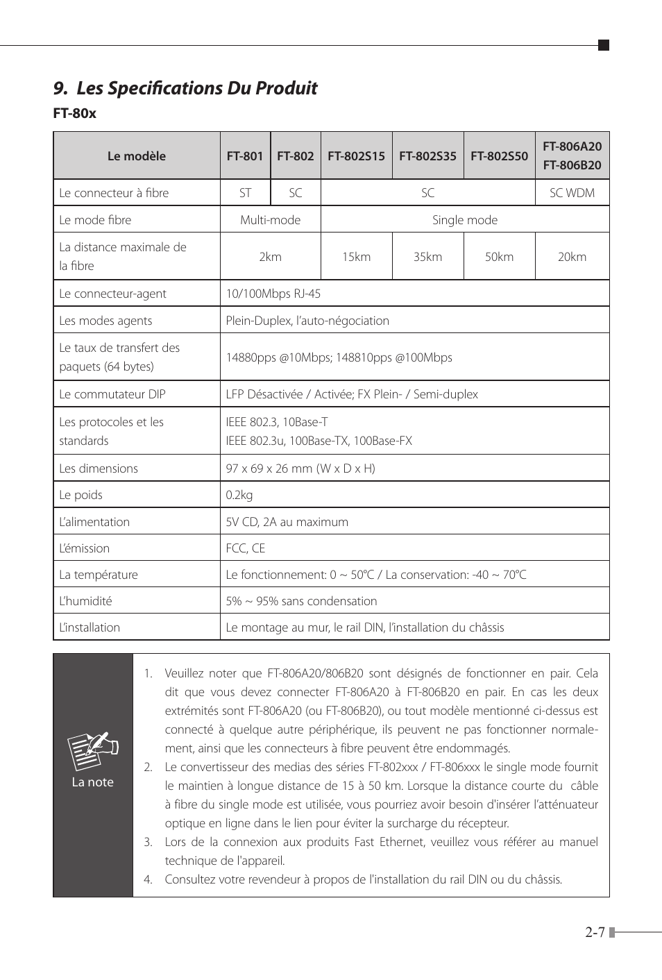 Les specifications du produit | PLANET FT-80x Series User Manual | Page 20 / 65